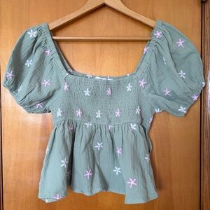 Altar’d State Smocked Puff Sleeve Top - Sage Green with Pink Embroidery